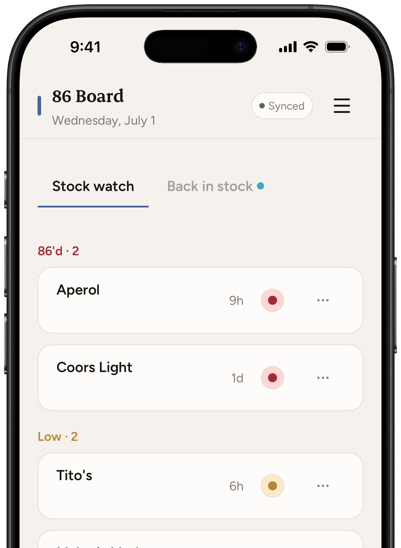 BarPulse 86 board — what's out and what's running low