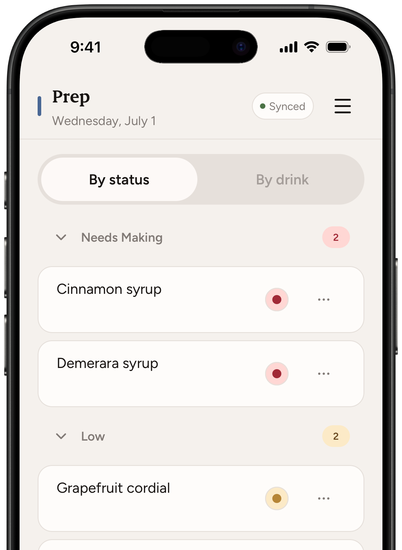 BarPulse Prep sheet — what needs making, grouped by status