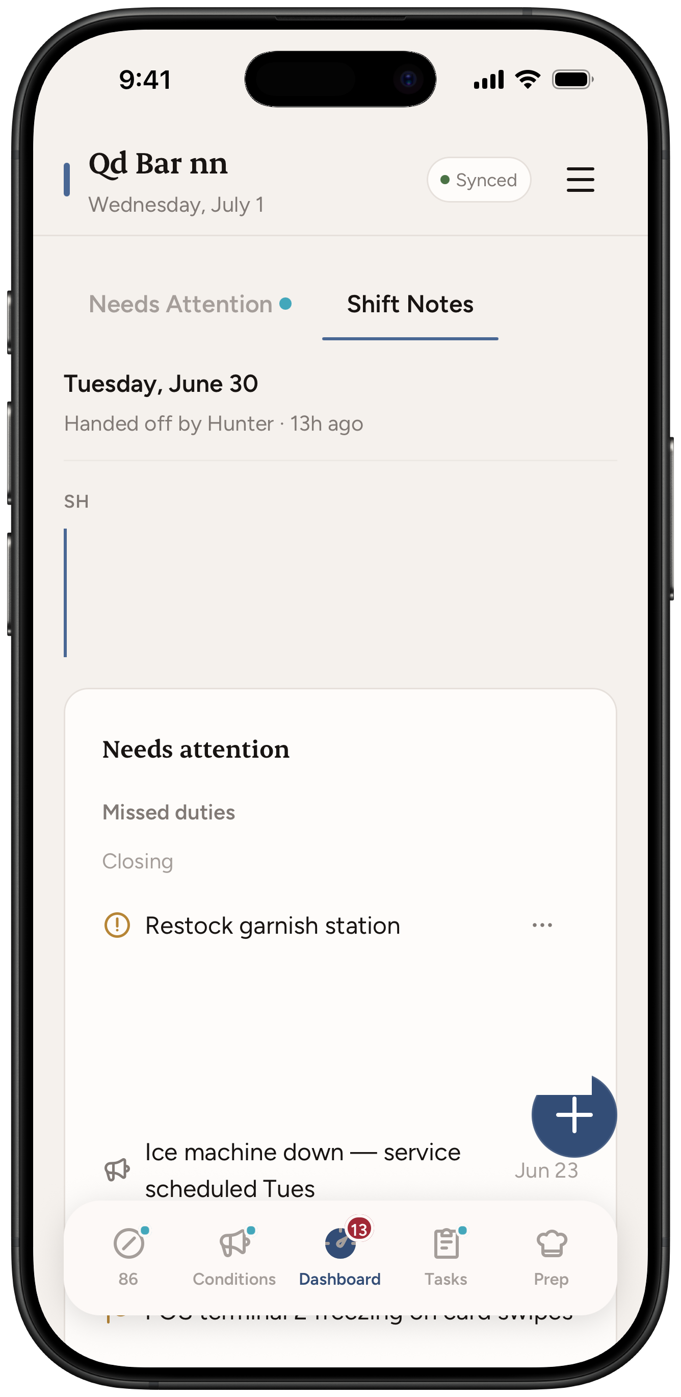 BarPulse Shift Notes — last shift's handover brief